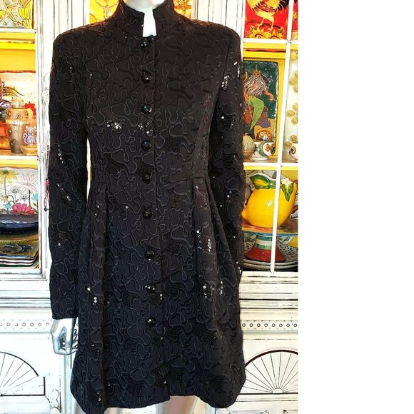 Vintage Betsey Johnson Black Peacoat Embroidered Sequin Dress Coat Jacket S 2 - Picture 2 of 16